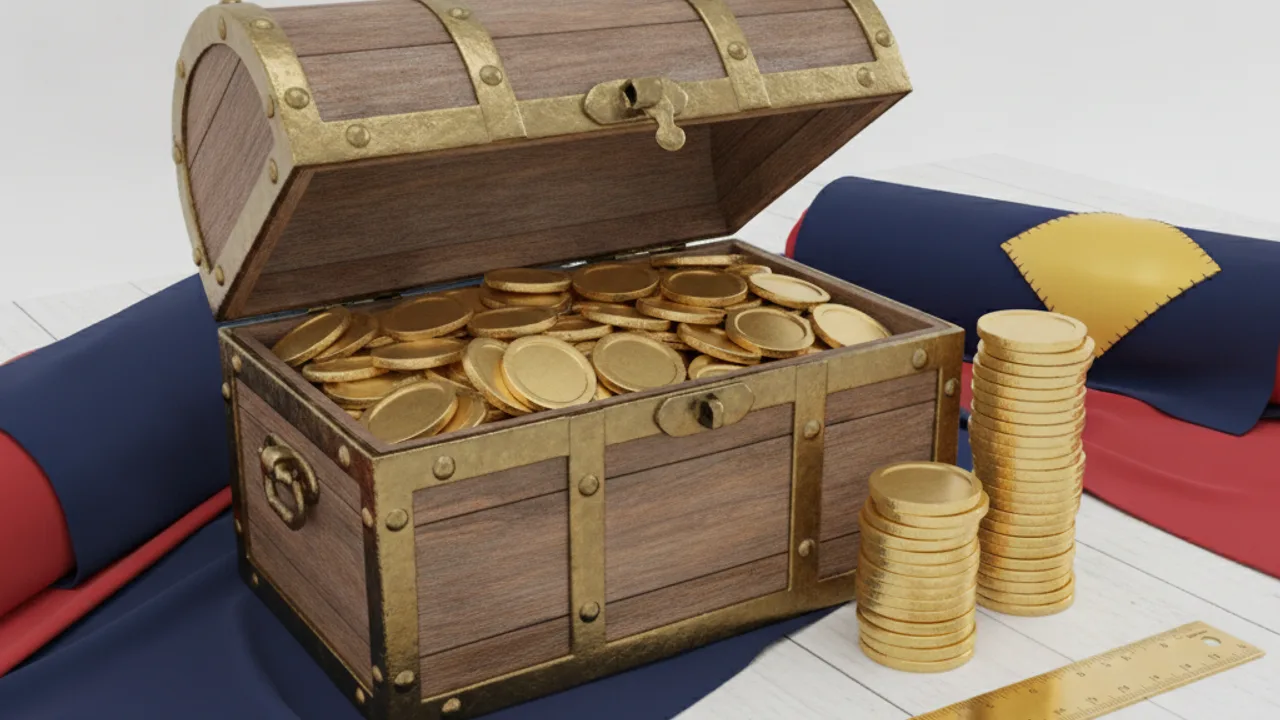 Treasure chest with two token stacks of different heights and a ruler